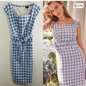 Ann Taylor Blue White Gingham Belted Square Neckline Sheath Dress 6
